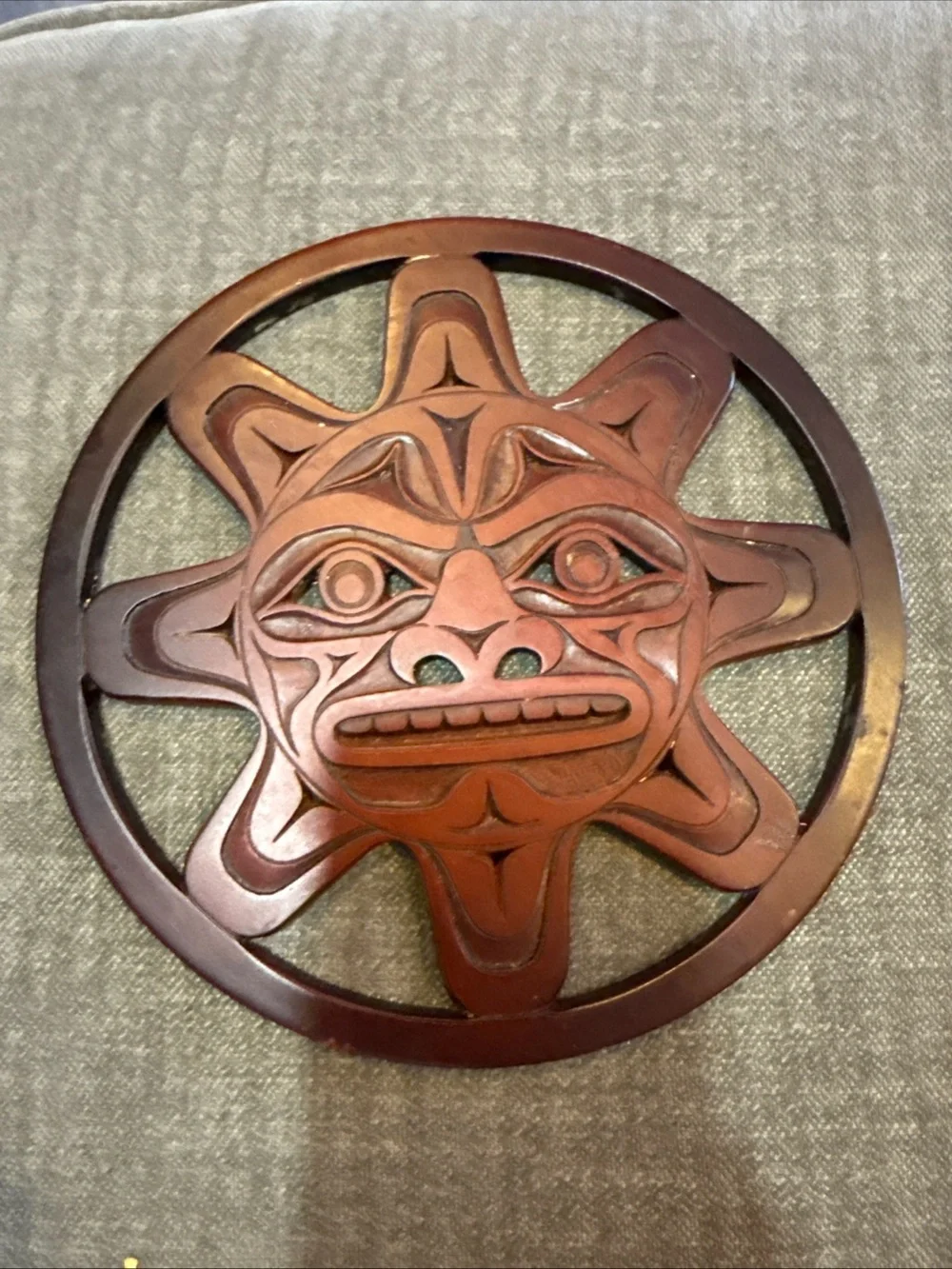 Carved Sun Face Wall Plaque/trivet- Brown